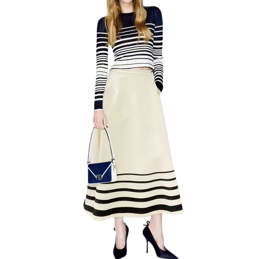 

2023 Fall New Umbrella Pendulum Long Half-skirt Fashion Elegant Commuter Versatile Temperament Long Skirt Splicing Stripes