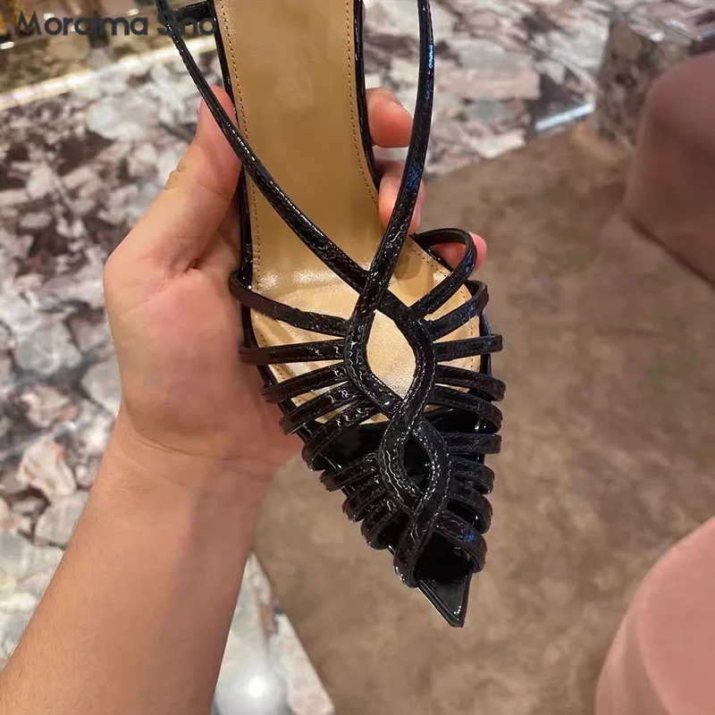 Summer Rhine-Drill Cross-Strap Sandals Fuchsia Black Pointed Stiletto Sandals Sexy Large Size Fashion Hollow Out Women's Pumps