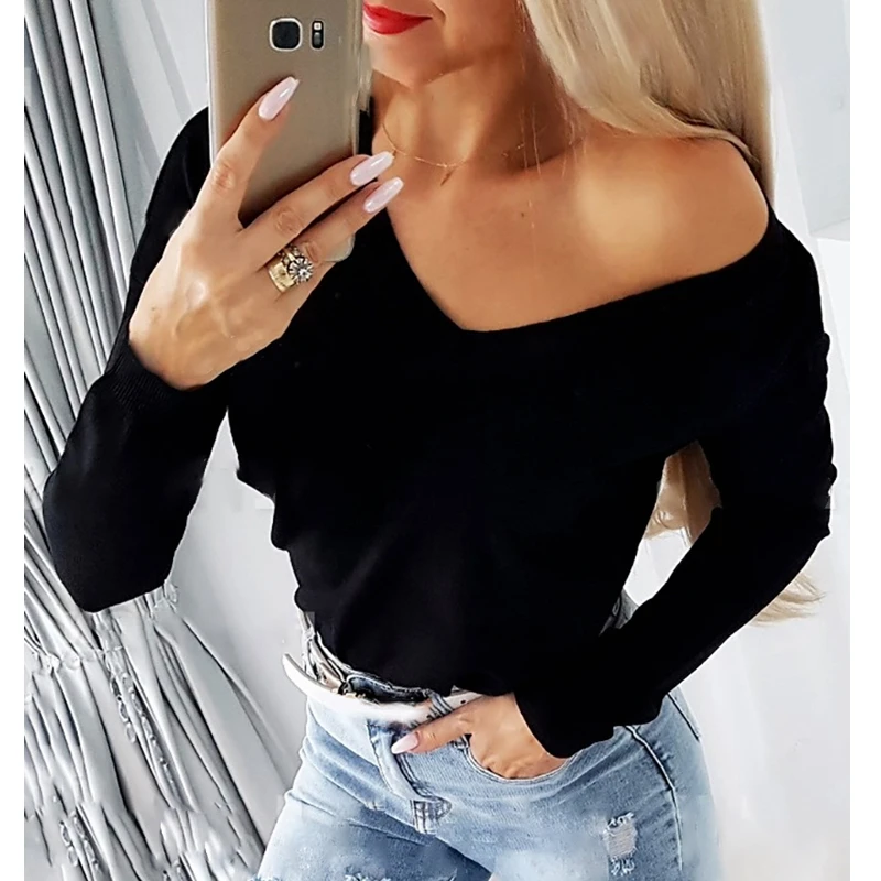 

Wepbel Black Wings Casual Top Tshirts Women Long Sleeve V-neck Loose Fashion V-neck Blouses Tops Black Spring Tshirts
