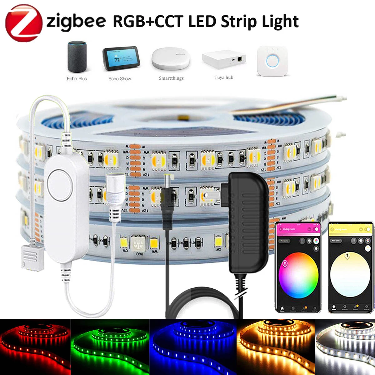 Контроллер ZIGBEE 3,0, 12 В постоянного тока, Smart 5050 RGBCCT RGB + W + CW, Светодиодная лента, стандартный комплект для Tuya Smartthings Echo Plus Z2mqtt 1 м-5 м