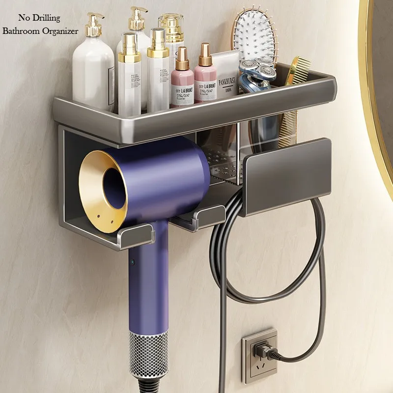 

No Drilling Wall Mount Hair Dryer Holder Hair Care Accessories Bathroom Makeup Organizer No Drill Wall Shelf Hot Styling Tools