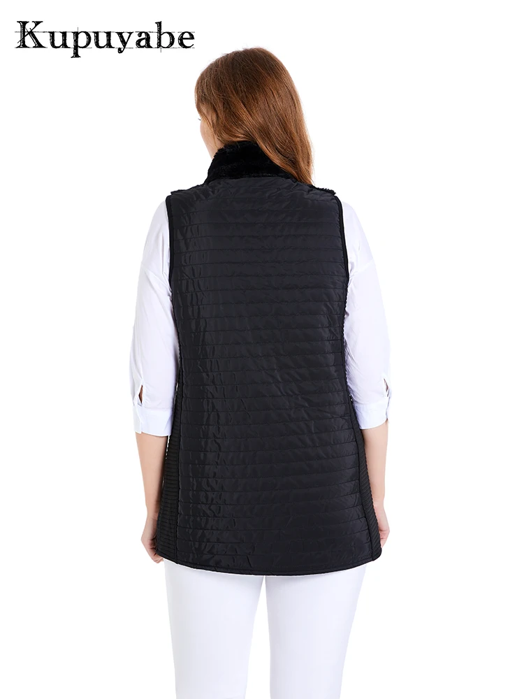KUPUYABE Women's Winter Vest Coral Plush Collar Wool Pocket Cotton Filled Cotton Vest Warm Windproof Vest