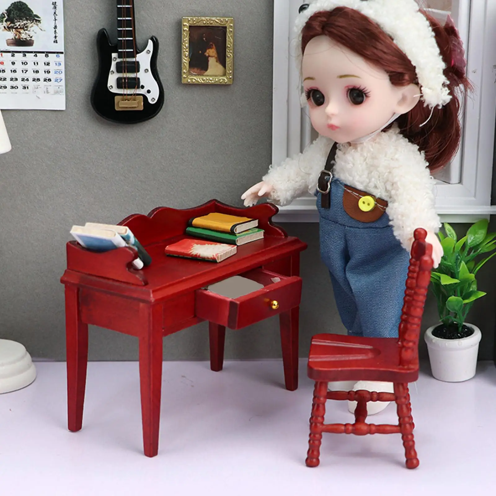

Dollhouse Furniture Printed Vintage Study Red Chair Table Set for Adults