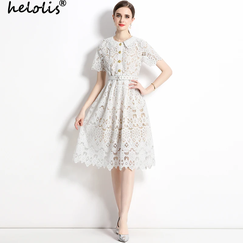 

Женское кружевное платье с отложным воротником, коротким рукавом и перфорацией