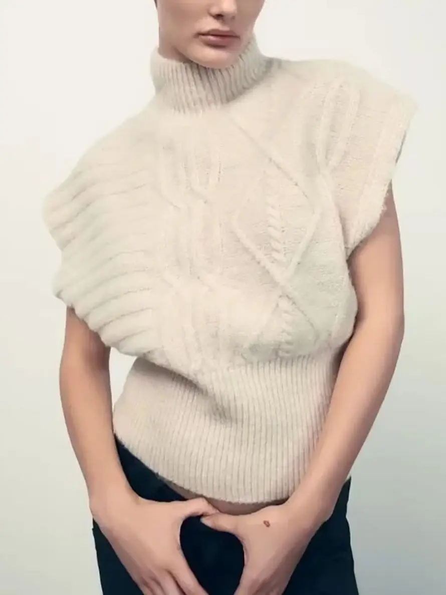 

Spring/Autumn Women's Beige Semi-Tall Knitted Stretch Knit Vest Fashionable High Street Style