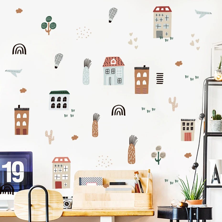 Мультфильм абстрактные городские домики деревья самолет акварель виниловые