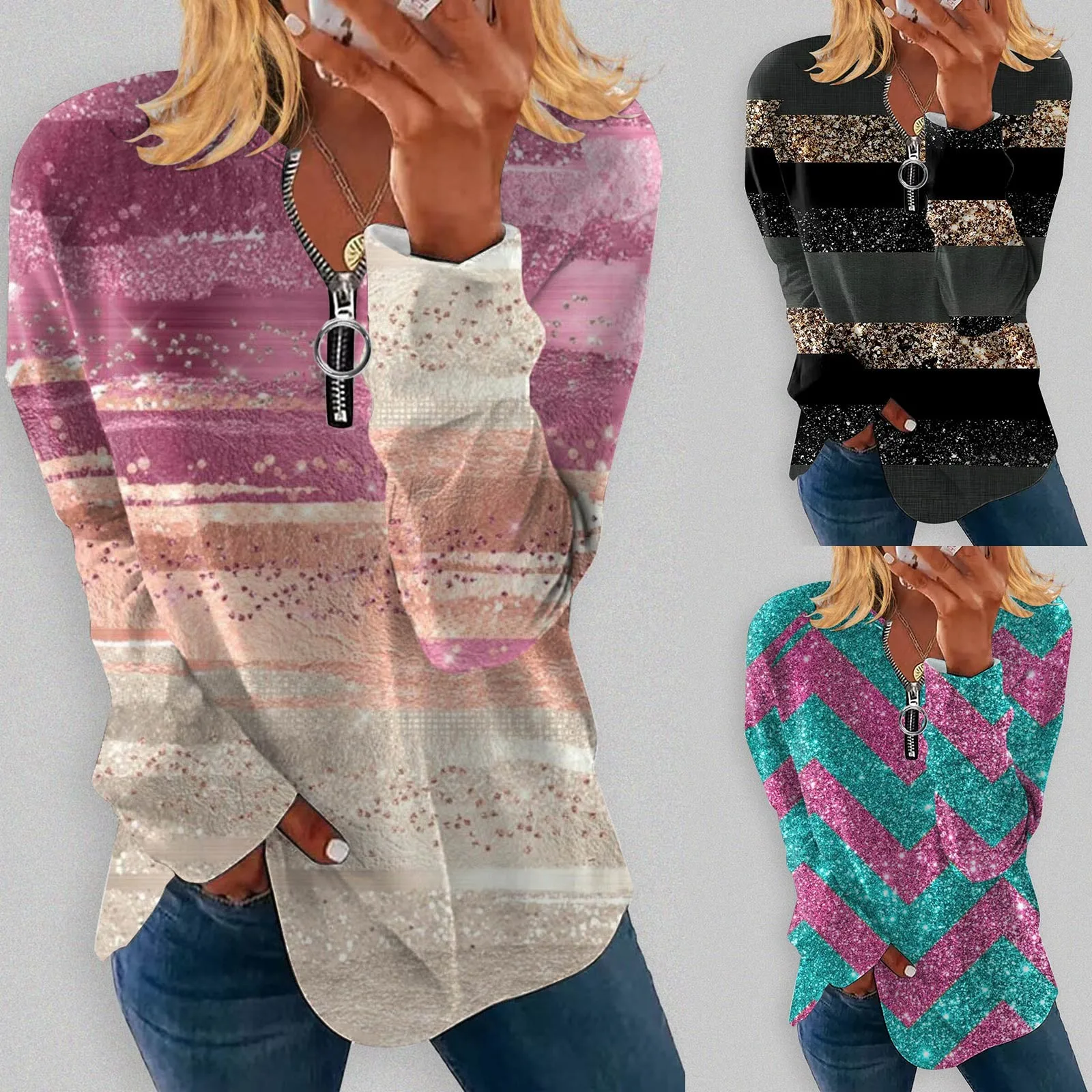 

Autumn And Winter Crewneck Zipper Long Sleeved Top Printed Foreign Trade Womens Tight Tee Shirts Tops for Women Dressy Casual