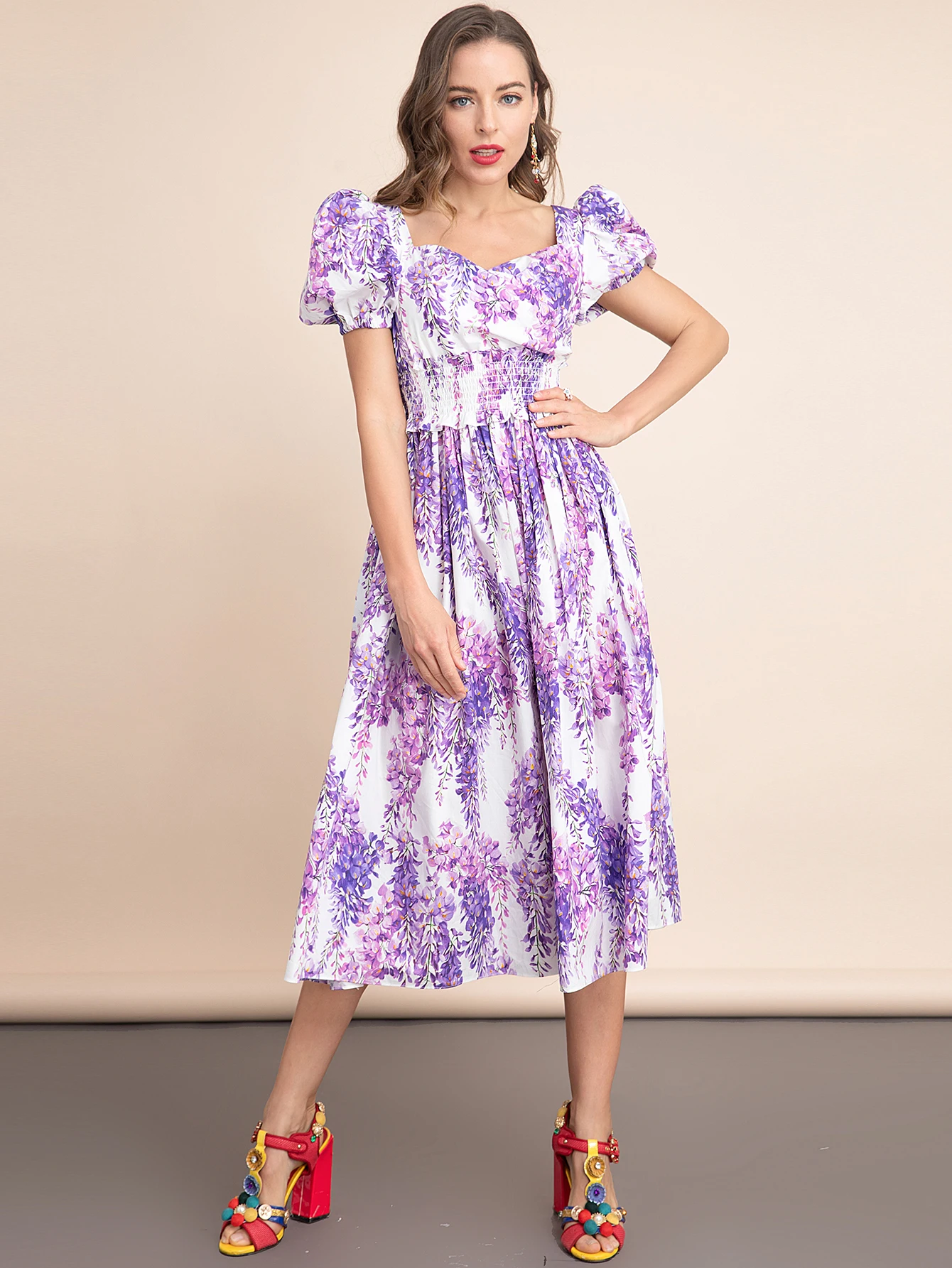 

LD LINDA DELLA Summer Runway Fashion Elegant Purple Dress Women Puff sleeve Bohemian Vacation Floral Print Midi Dress Vestidos