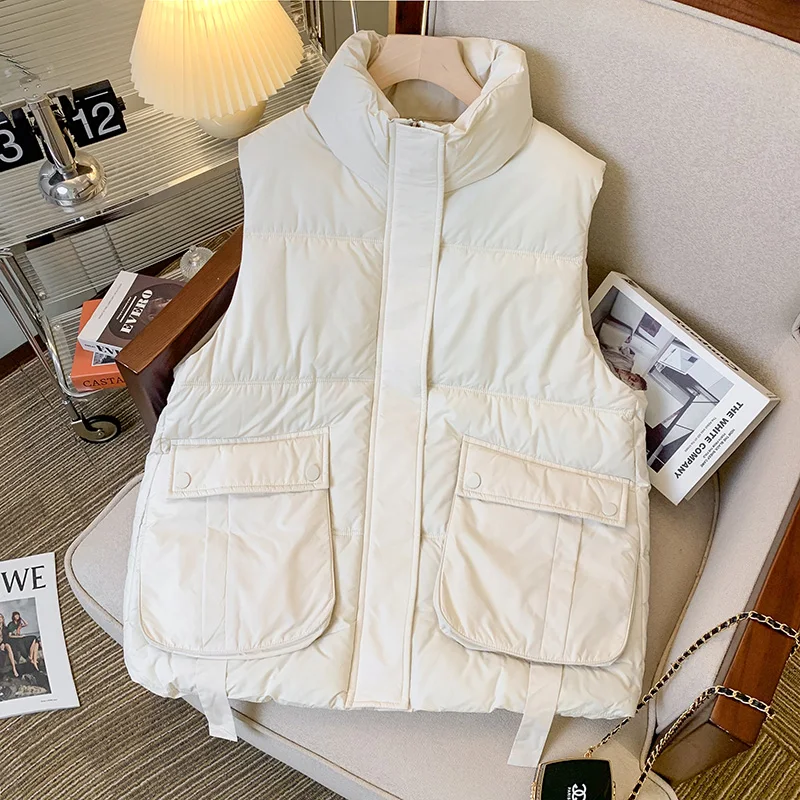 

Beardon Autumn Winter Women's Short Cotton Vest Slim Fit Casual Standing Neck Fashion Zipper Large Pocket Cotton Vest 2023 New