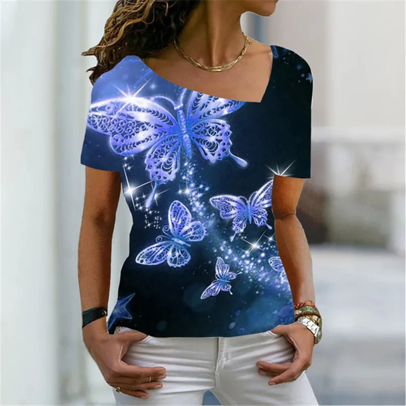 

Футболка женская с принтом бабочки, уличная одежда в стиле хип-хоп, короткий рукав, косый воротник, Свободный Повседневный Простой Топ с при...
