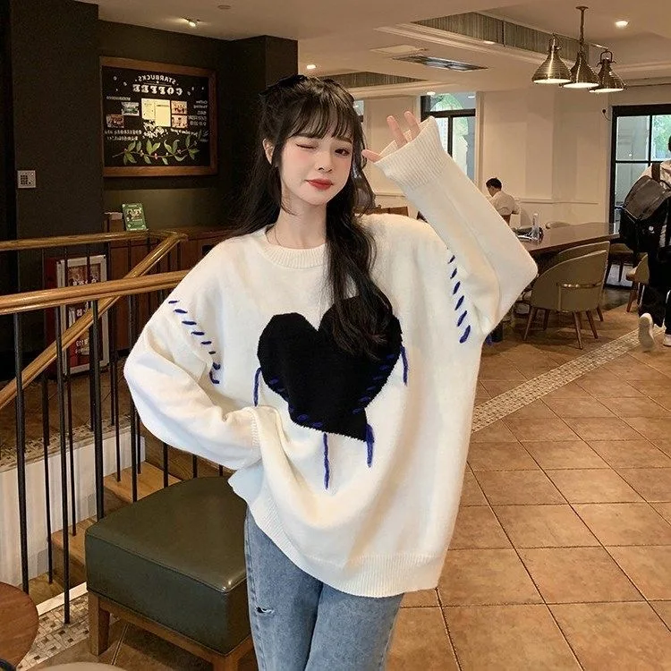 

Oversized Knitted Sweater Women Knitwear Harajuku Sweet Heart-shape Pattern Women Tassel Knitted Sweaters Men Hip Hop Vintage