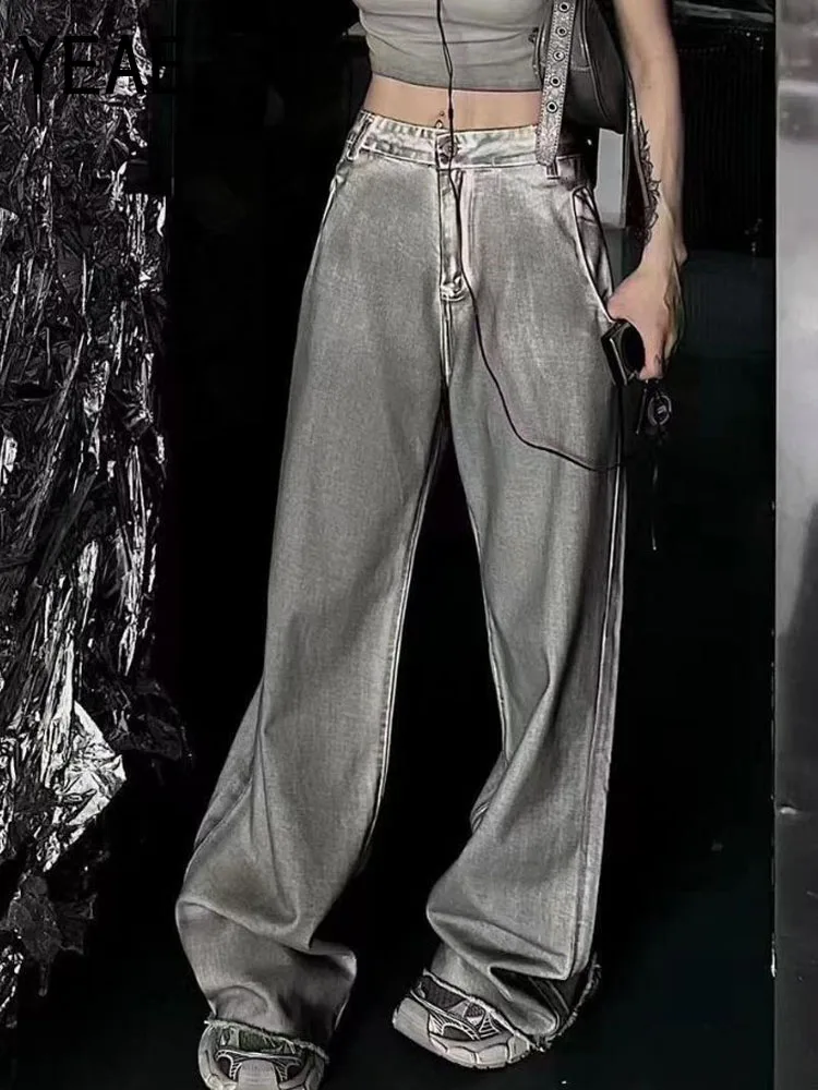 

Джинсы YEAE женские с широкими штанинами, винтажные мешковатые брюки из денима в стиле хип-хоп, с завышенной талией, прямые повседневные серые джинсы в готическом стиле, Y2k
