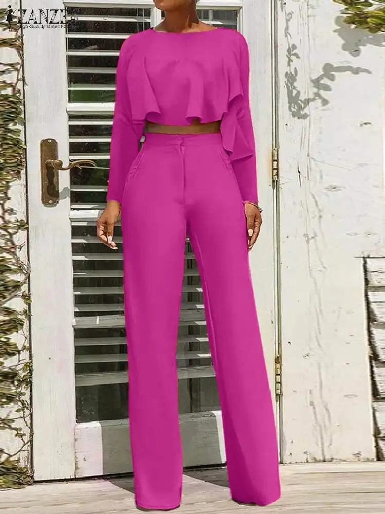 

ZANZEA Women Pant Sets 2pcs Chic Long Sleeve Ruffles Hem Irregular Tops High Waist Wide Leg Trousers 2023 Autumn Sexy Solid Suit
