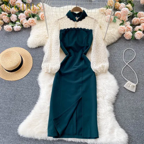 

N GIRLS2022 Temperament Grace Ladies Vestidos Femme Autumn 2022 New High Waist Pencil Dresses Women Split Slim Hip Puff Sleeve