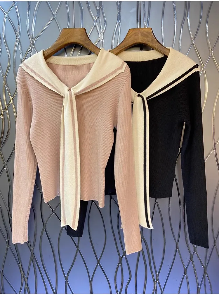 

High Quality New Sweaters 2023 Autumn Winter Pink Black Jumpers Ladies Bow Collar Long Sleeve Knitted Pullovers Casual Top Woman