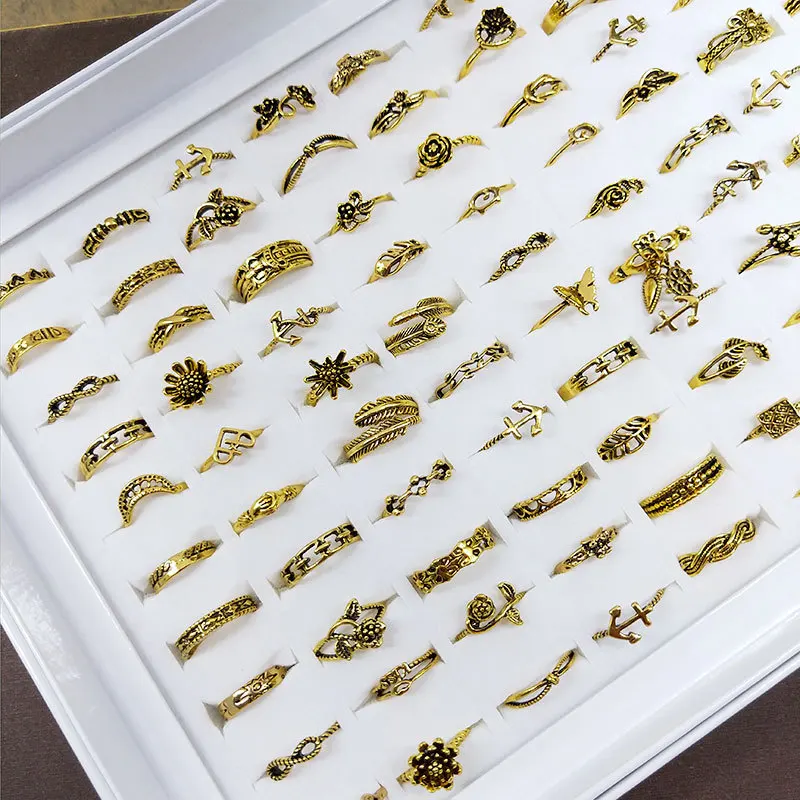 Оптовая продажа, разнообразные кольца 12 шт. в античном европейском стиле с золотым/серебряным цветком, ювелирные изделия для женского кольца, модные креативные аксессуары вечерние