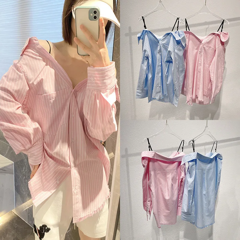 

High Quality Korean Fashion Early Spring New King Pink Stripe Off Shoulder Strap Long Sleeve Shirt Women's Top