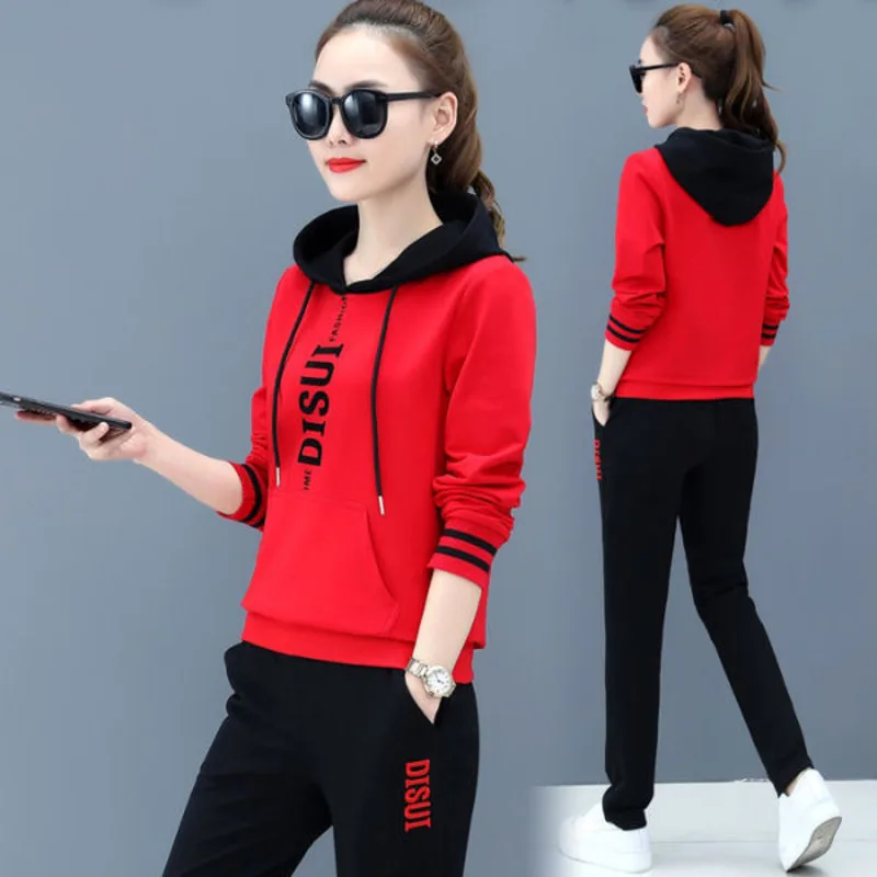 Women's 2022 Spring Autumn New Leisure Sweat Suits Long Sleeved Fashion Running Hooded Coat Pants 2 Piece Set Plus Size Clothing