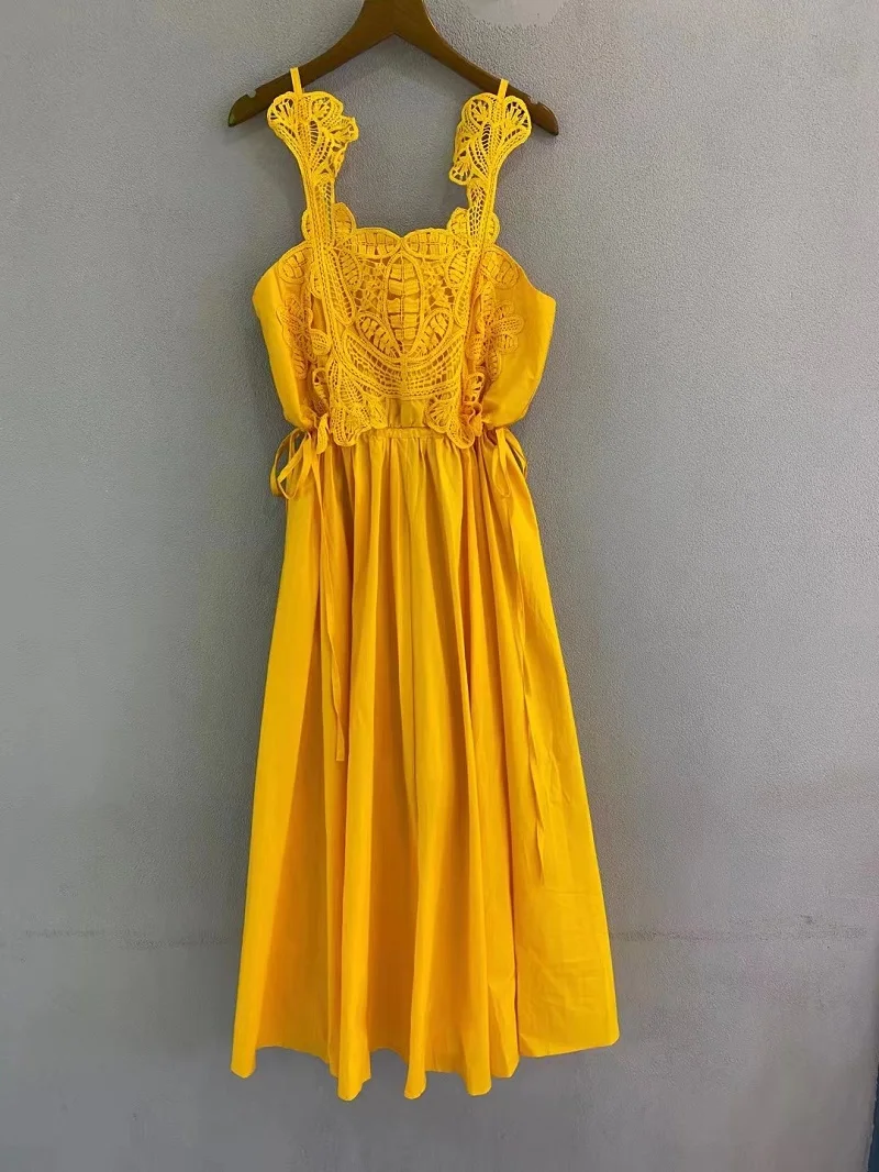 Novia Party 2022 Summer Dress High Quality Women Spaghetti Strap Lace Embroidery Deco Mid-Calf Casual White Yellow Dress Vestido