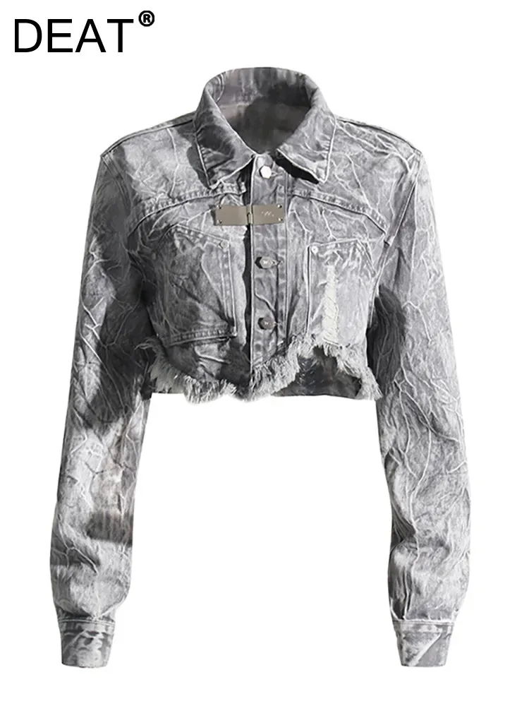 

DEAT Women's Denim Coat Irregular Burrs Washed Grey Distressed Long Sleeve Short Do Old Jackets 2023 Autumn New Fashion 29L4074