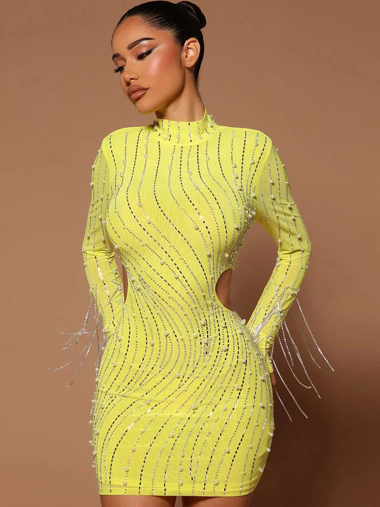 

WUHE Cutout Waist Pearl Beading Diamonds Tassel Long Sleeve Bodycon Short Dress Autumn Winter Women Vintage Chic Sexy Dresses