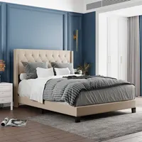 Upholstered Platform Bed with Classic Headboard, Box Spring Needed, Beige Linen Fabric, Bedroom Furniture Queen Size Beige/Gray