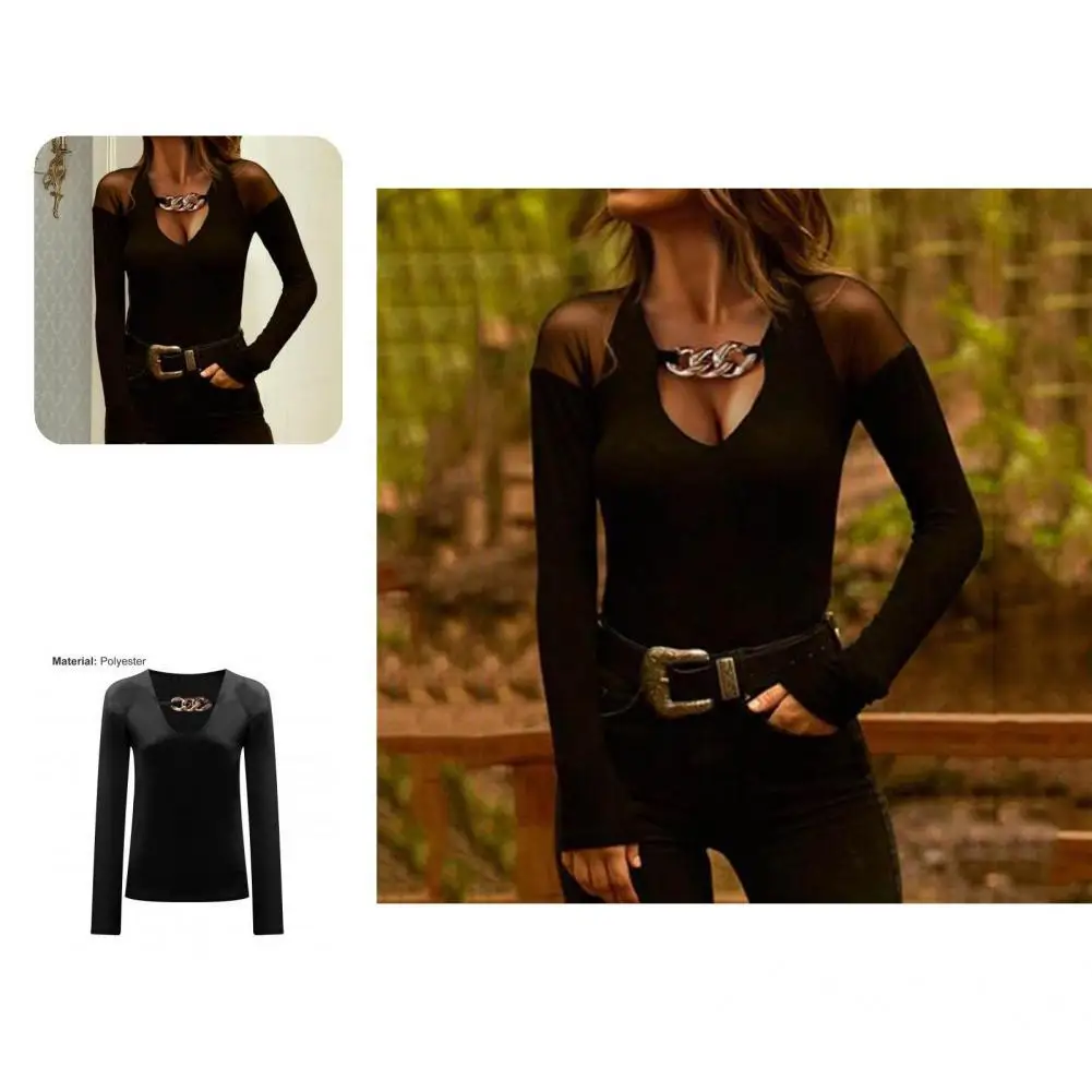 

Long Sleeve Breathable Lady Shoulder Transparent Net Yarn Slim Top Club Wear