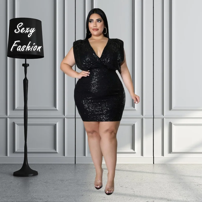 

Женское платье-мини без рукавов, с V-образным вырезом и блестками