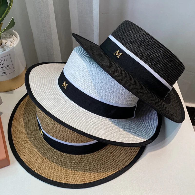 

Vintage Ladies Sun Fedora Hats for Women Straw Hat Retro Gold Bowknot Braided Hat Female Sunshade Flat Cap M Letter Visor Hat