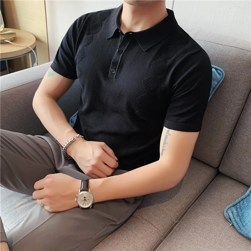 

Diamond Check Pattern Thin Ice Silk Short Sleeve Solid Color Knitted POLO Shirt Stretch Slim Casual Summer Lapel POLO Shirt Tops