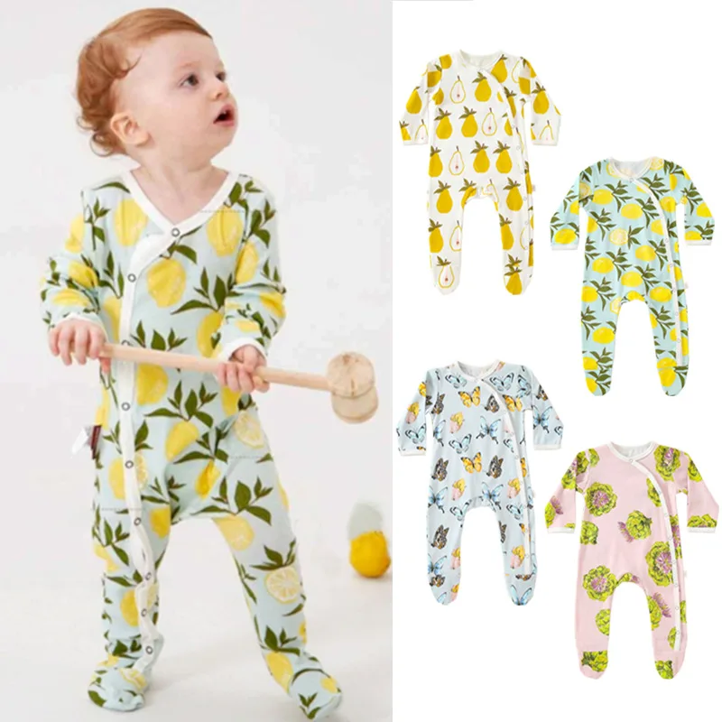 

Newborn Baby Girl Clothes Kid O-neck Long Sleeve Butterfly Jumpsuit Baby Girl Accessories Buttons Lemon Romper Baby Boys Clothes