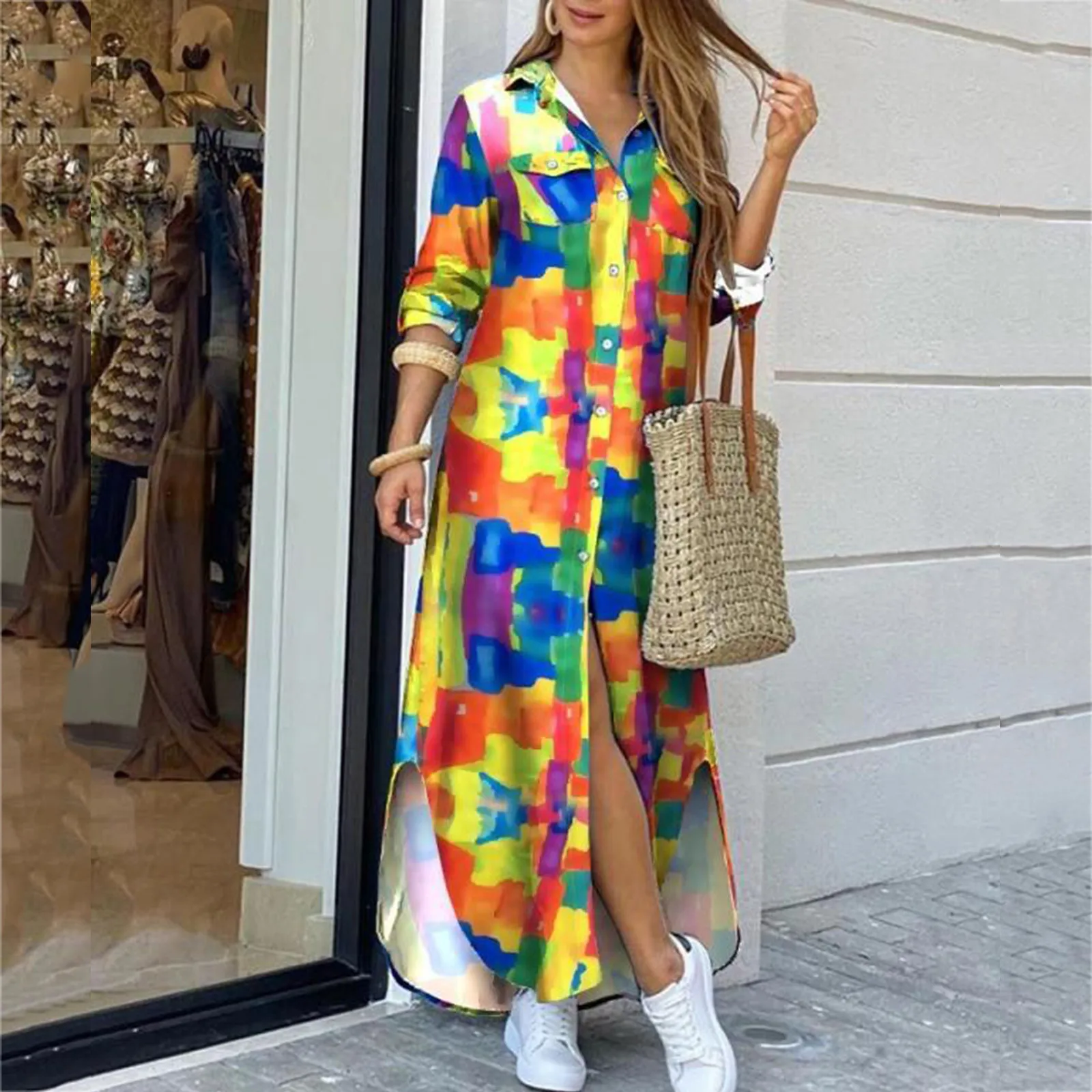 

Женское платье-рубашка в стиле бохо, летнее однобортное асимметричное длинное платье с отложным воротником и пуговицами, женские сексуальн...