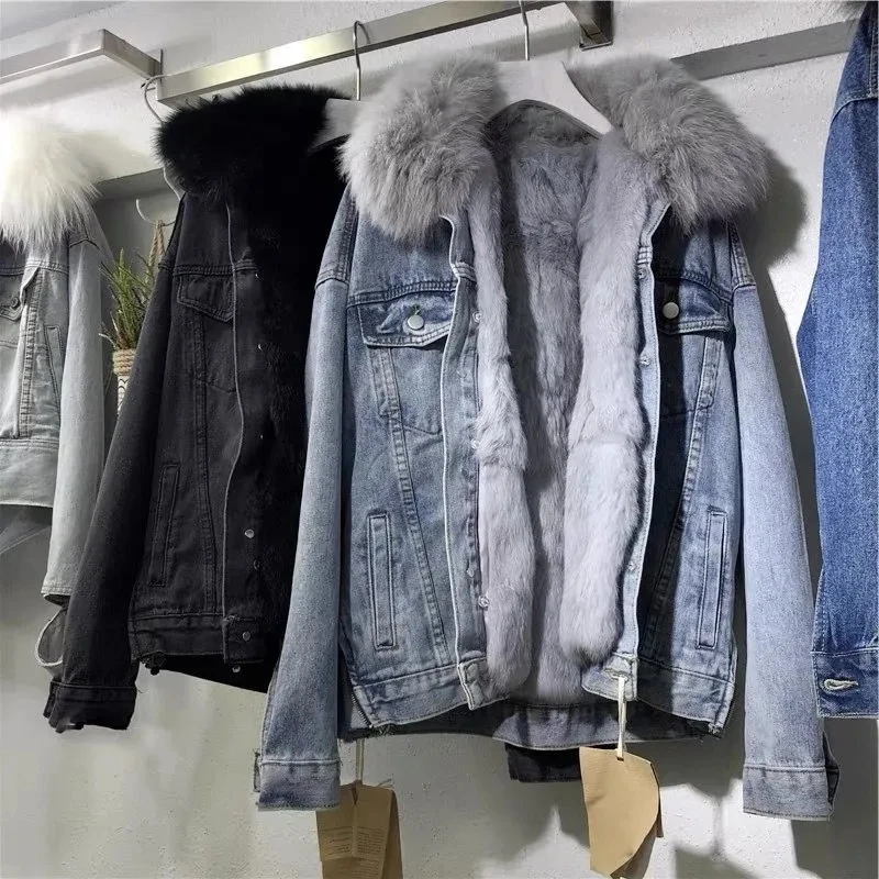 

Women Denim Jacket Oversized Loose Fur Collar Plus Velvet Jean Parkas Women Winter Clothes Vintage Cotton Thick Warm Denim Coat