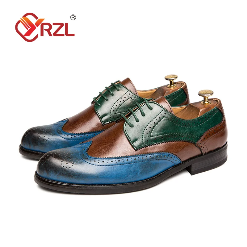 

YRZL Leather Shoes Men Casual Mixed Colors Shoes Lace Up Breathable Formal Dress Brogue Shoes Male Wedding Shoes Big Size 47