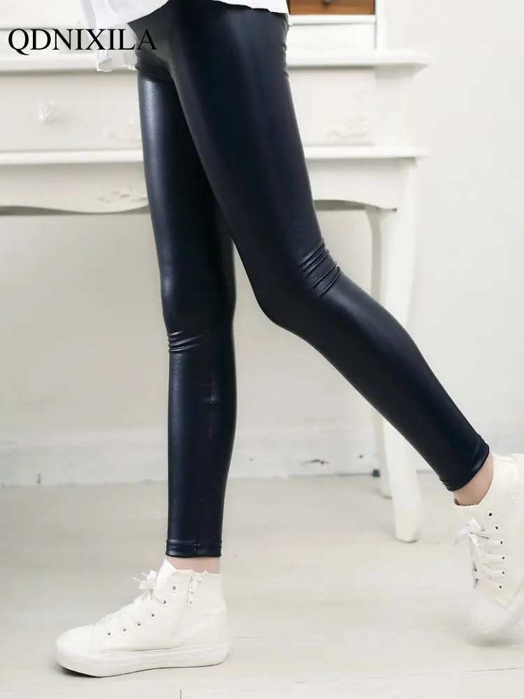 2023 Autumn Winter Children's Leather Pants Korean Fashion High Waist Trousers Slimming Leggings PU Leather Pants for Kids