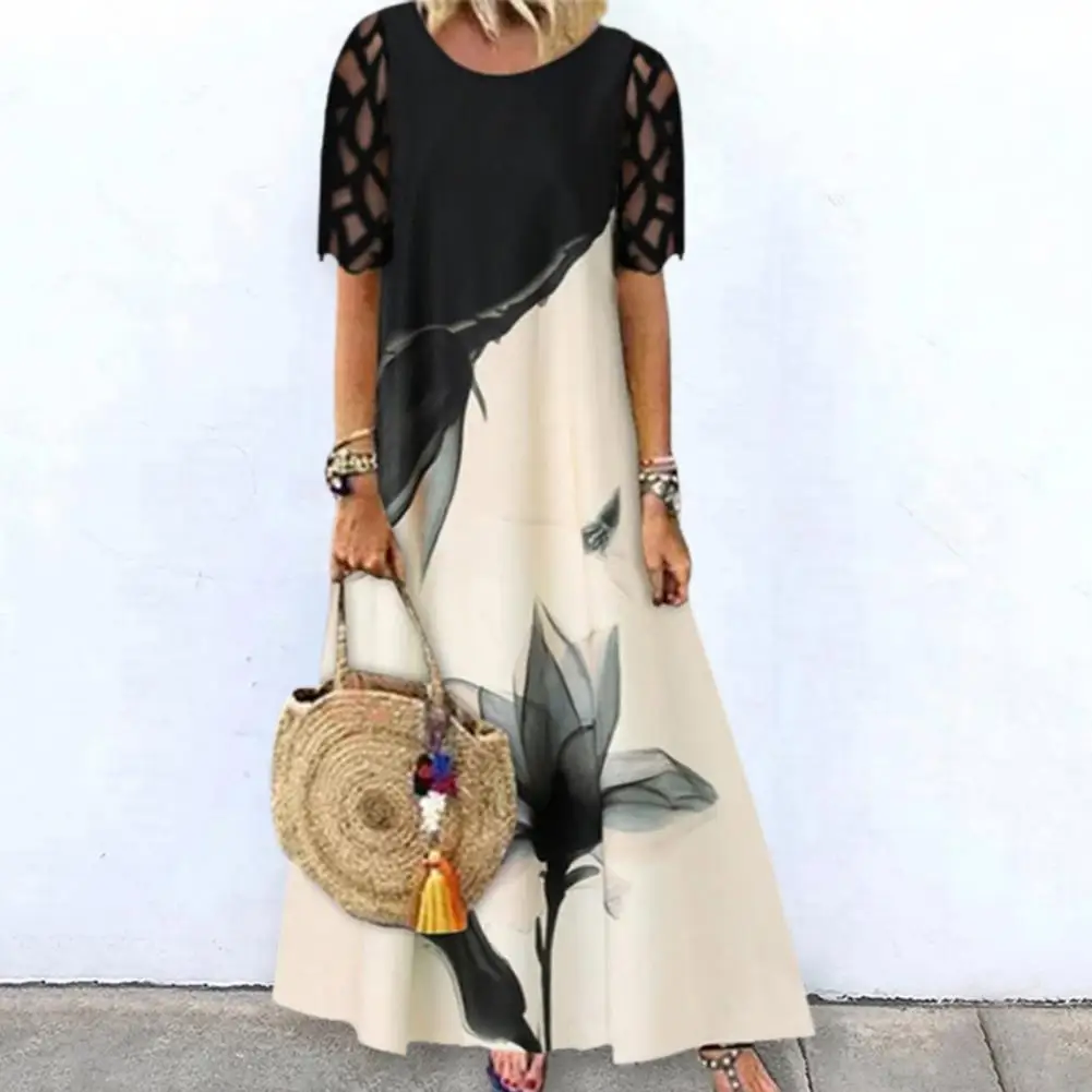 

O-Neck Lace Stitching Half Sleeve Maxi Dress Women Retro Ink Flower Print Large Hem Long Dress Ladies Clothing