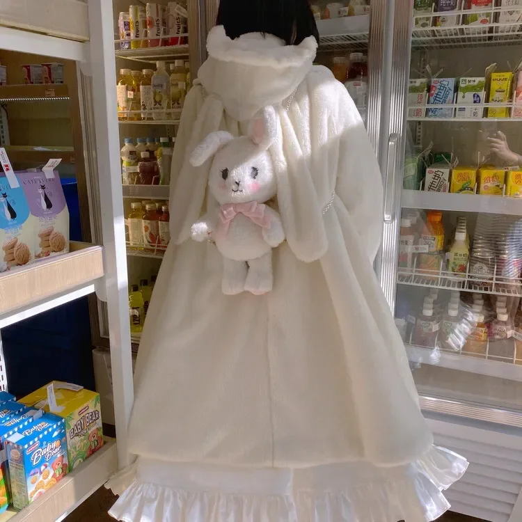 2023 Winter Japanese Lolita Coat WomenKawaii Faux Rabbit Furry Cute Padded Warm Fake Fur Coat Soft Sister Cute Plush Shawl Over
