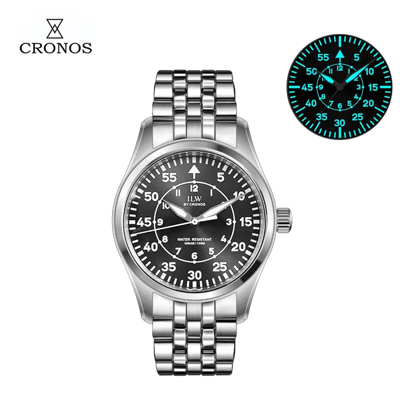 Мужские часы Cronos Pilot Flieger 39 мм, кварцевые, механизм VH31, нержавеющая сталь, водонепроницаемость 100 м, суперлюминофор, куполообразное сапфировое стекло, модель L6057M. (art.: 3920dc8ac9248) - 3920dc8ac9248