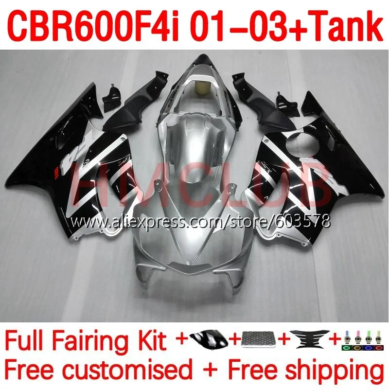 

Body +Tank For HONDA CBR600 CBR 600 F4i 600F4i CBR600F4i 2001 2002 2003 600CC 01 02 03 Injection Fairing 188No.13 black silvery