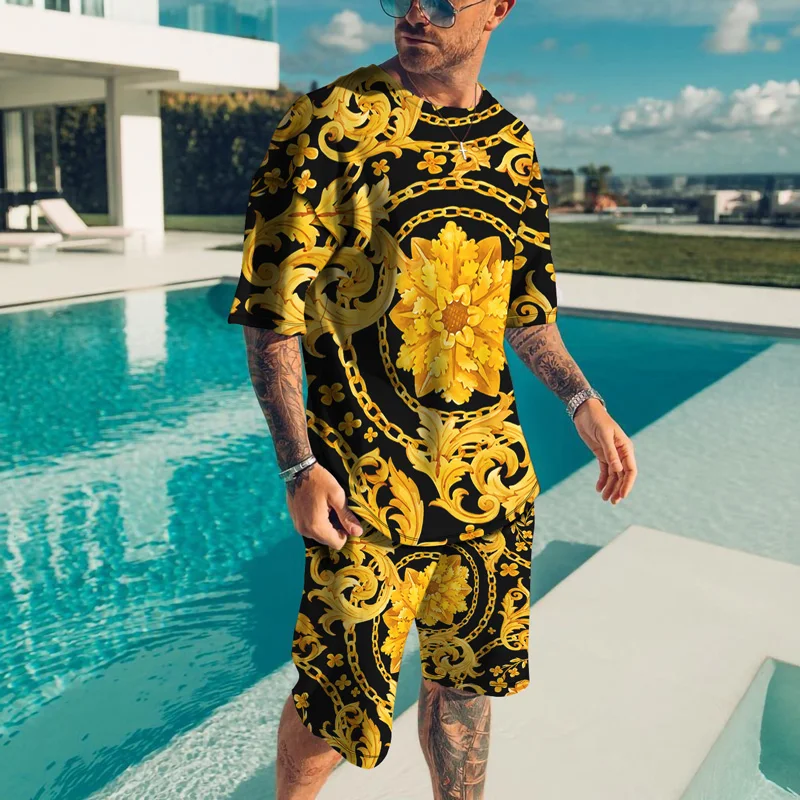 Summer Retro Street Trend 3D Printed Men's Sportswear Men's Oversized Clothing T-shirt Shorts Set Streetwear Men's 2 T-shirt Set