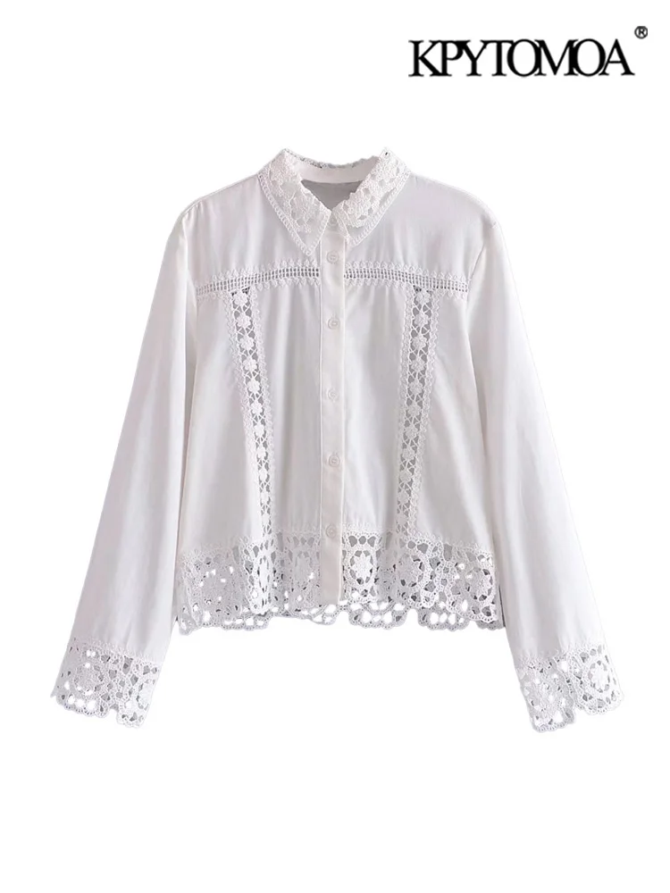 

KPYTOMOA женские модные крючком детали белые рубашки винтажные с длинным рукавом на пуговицах женские блузки Блузы шикарные топы
