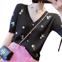 fashion embroidery thin korean temperament v collar casual short sleeve floral loose single breasted knit summer clothes 2022
