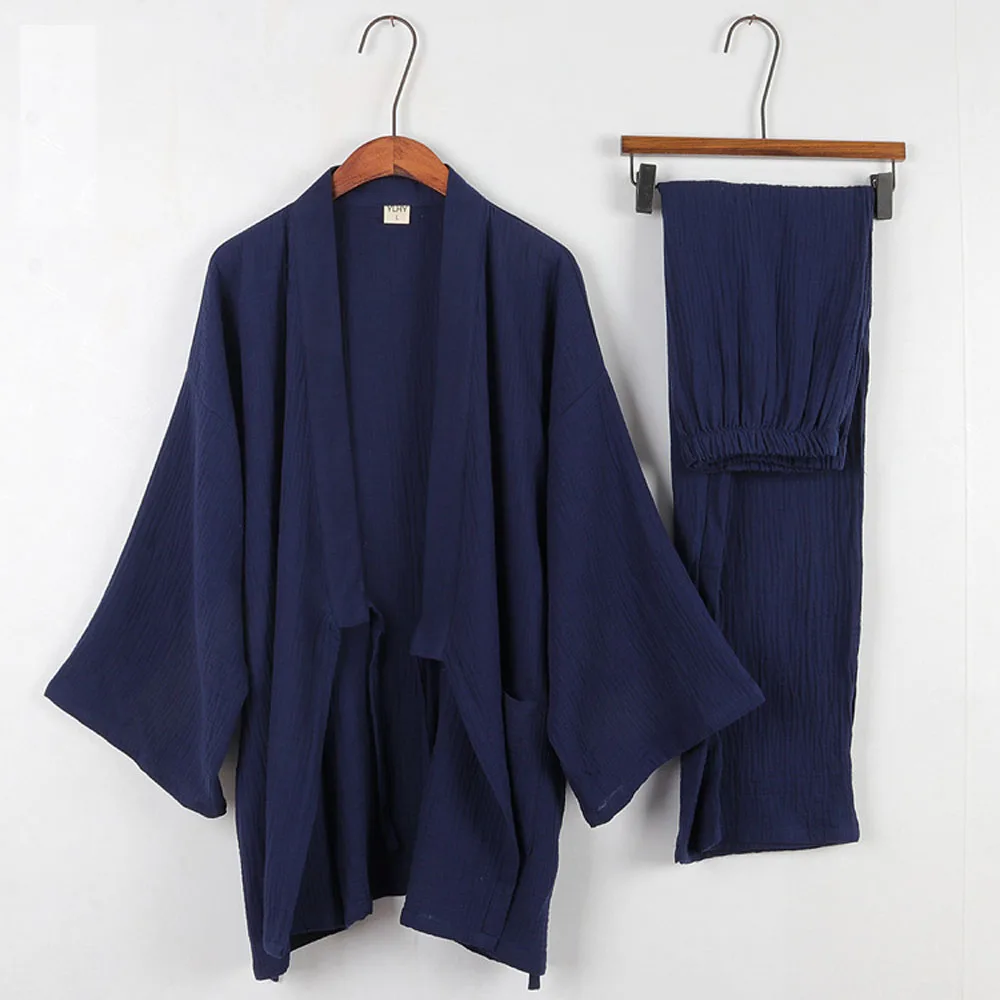Cotton Japanese Kimono Pajamas Men Long-sleeve Trousers Casual Home Service Two-piece Suit Comfortable Sleepwear Plus Size