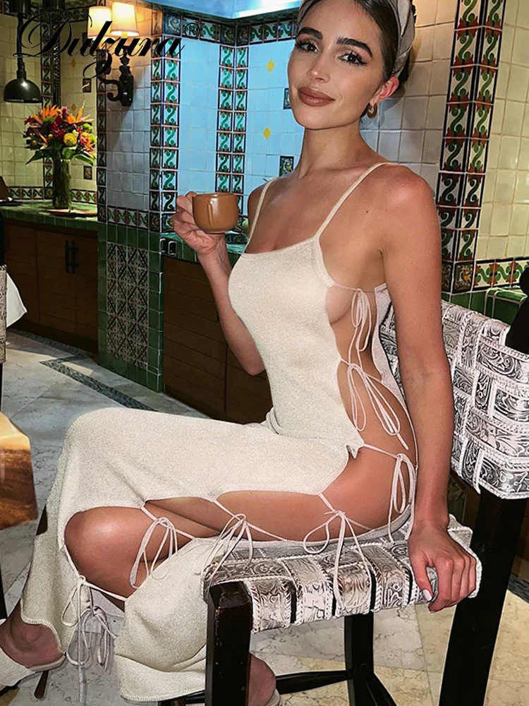 

Dulzura Lace Up Women Strap Midi Dress Side Slit Bodycon Sexy Party Club Outfits Festival Clothing Evening Vacation Prom Dress
