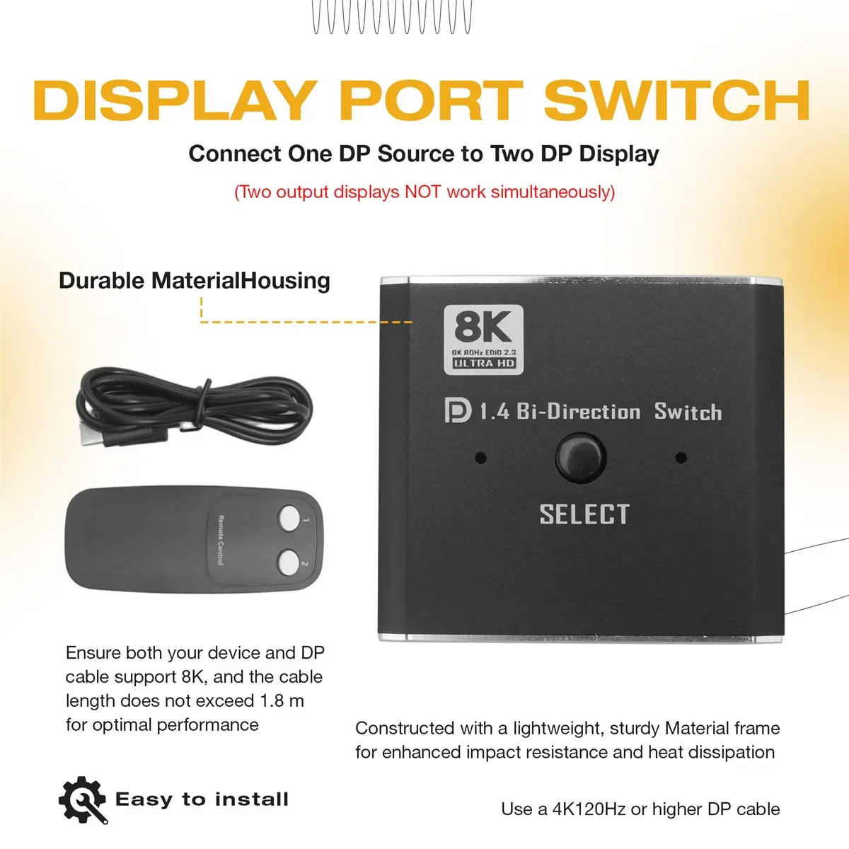 Фото (DT93) Переключатель DisplayPort 8K 2 входа/1 выход или 1 вход/2 выхода, поддерживает 8K30Hz 4K120Hz для ПК, мониторов, ноутбуков и т.д. №1
