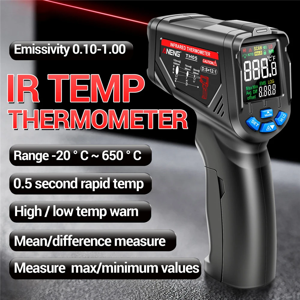 

Цифровой инфракрасный термометр, термометр с пистолетом 4 ℉ ~ 1202 ℉, Ручной бесконтактный ИК лазерный термометр TH05 для приготовления пищи, духовки, барбекю