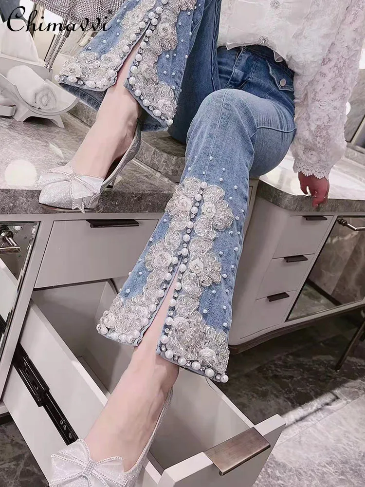 

Jeans for Women 2022 Spring New Korean Fashion Sweet Heavy Beads Slit Hemline At Hem High Waist Slimming Elegant Bootcut Pants