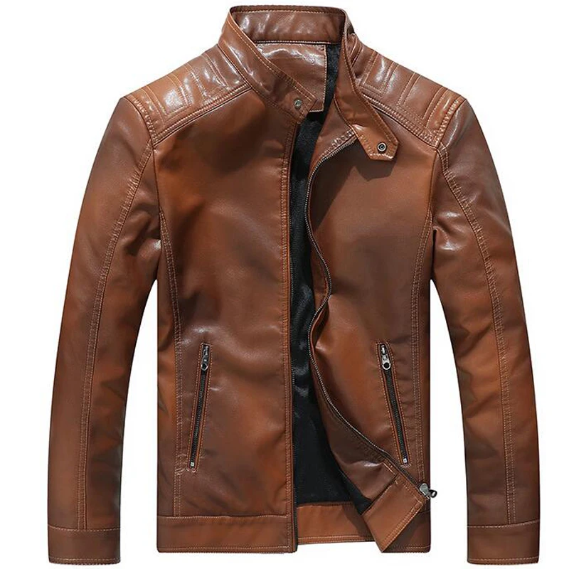 

Leather Jacket Men Fashion Stand Collar Fleece Coats chaqueta cuero hombre Mens Casual Faux Leather Motorcycle Biker Jackets