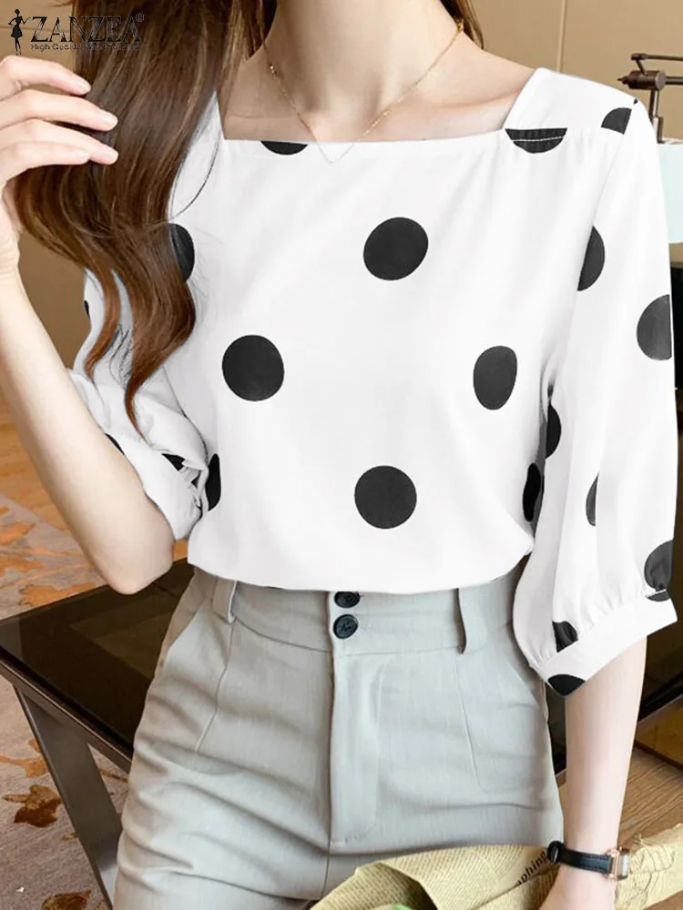 

Модная летняя блузка ZANZEA с принтом в горошек, элегантная женская офисная рубашка, праздничные блузы, повседневные топы с квадратным вырезом и коротким рукавом