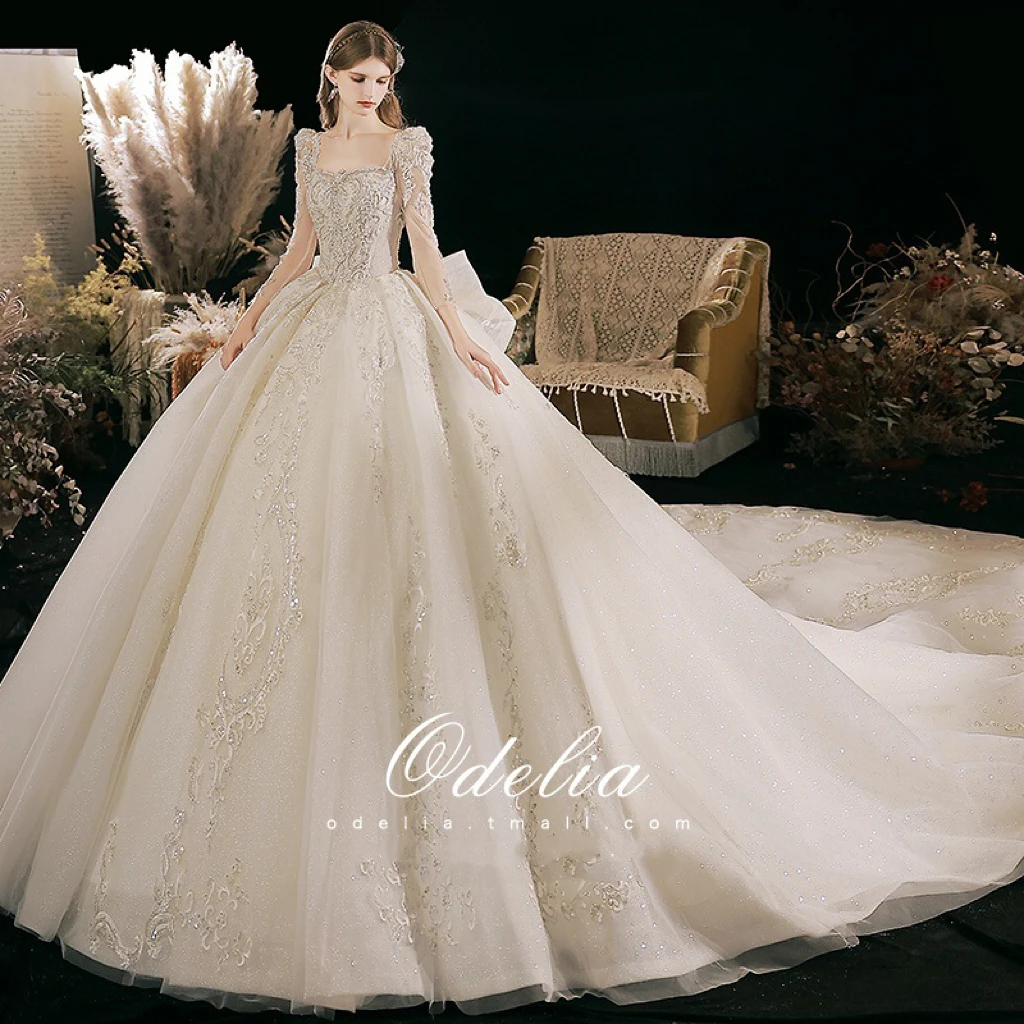 Princess Wedding Dress Square Collar Applique Sequins Long Sleeve Illusion Back Big Bow Luxury Ball Bridal Gown Robe De Mariage